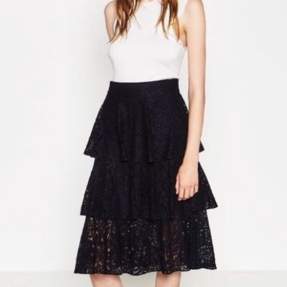 Zara Navy Tiered Lace Skirt